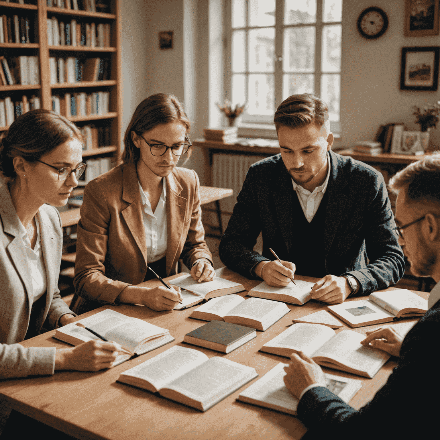 Grupa osób uczących się języka polskiego, siedząca przy stole z książkami i materiałami edukacyjnymi